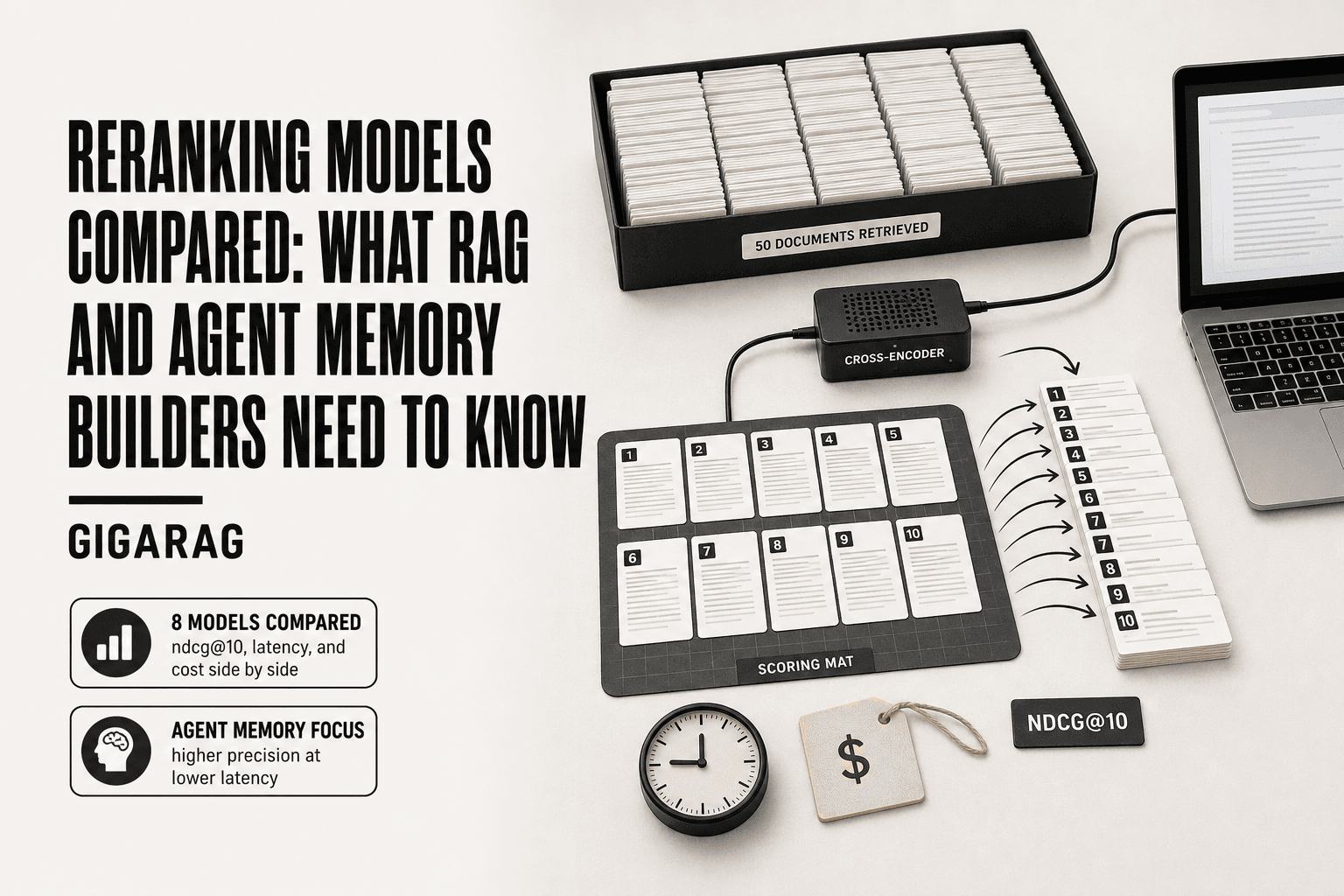 GigaRAG editorial workbench showing retrieval cards being reranked by a cross-encoder module, with reorder arrows, a clock, and a cost tag representing NDCG@10, latency, and cost comparison for RAG and agent memory.