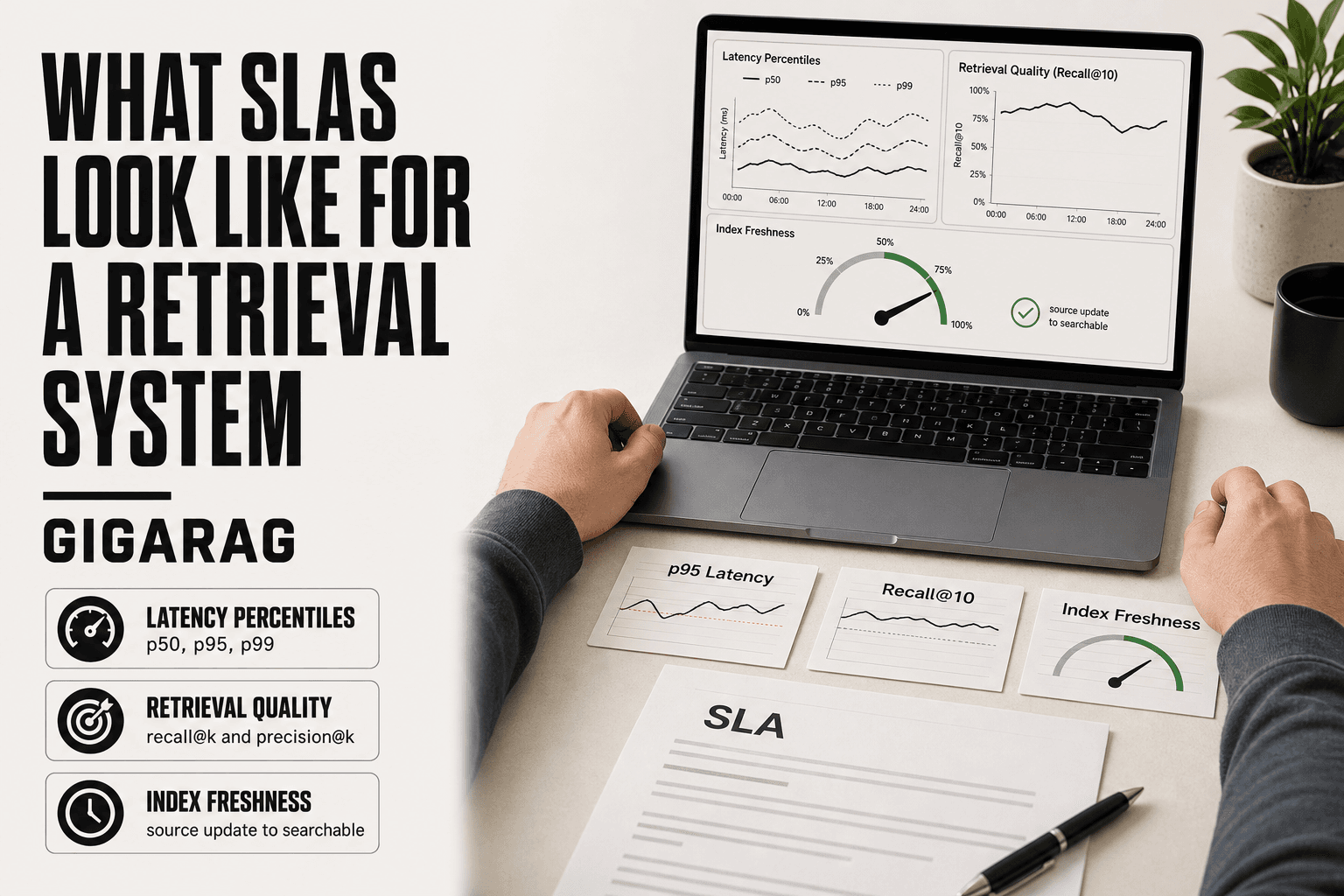 Editorial desk scene with a laptop showing retrieval latency and recall dashboards, alongside index cards labeled p95 Latency, Recall@10, and Index Freshness, representing GigaRAG's guide to retrieval system SLAs.