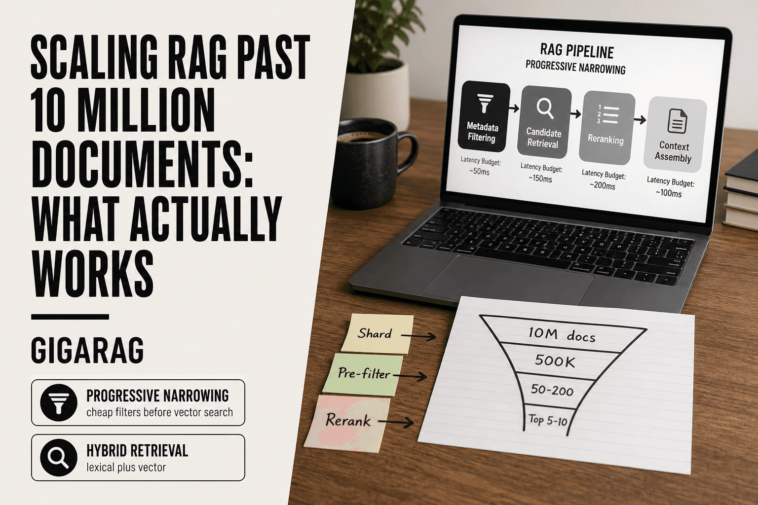 GigaRAG article hero showing a developer's laptop with a four-stage RAG narrowing pipeline diagram and a printed funnel card narrowing from 10 million documents to top reranked chunks.