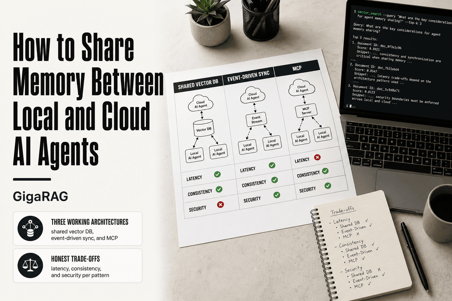 A workbench with a printed three-lane diagram comparing shared vector database, event-driven sync, and MCP for sharing memory between local and cloud AI agents, beside a laptop showing a vector similarity query and a notepad with handwritten trade-off notes. GigaRAG guide.