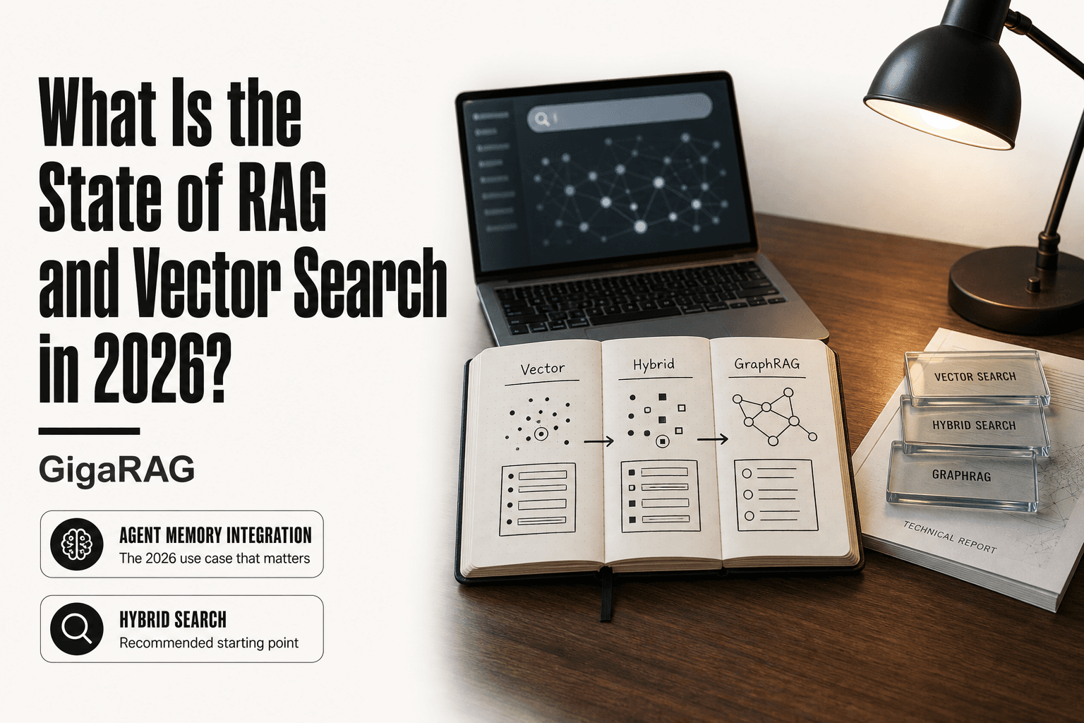 Editorial desk scene with a notebook diagram comparing vector, hybrid, and GraphRAG retrieval methods, a laptop showing a node network, and glass slides labeled with each approach, representing the state of RAG and vector search in 2026.