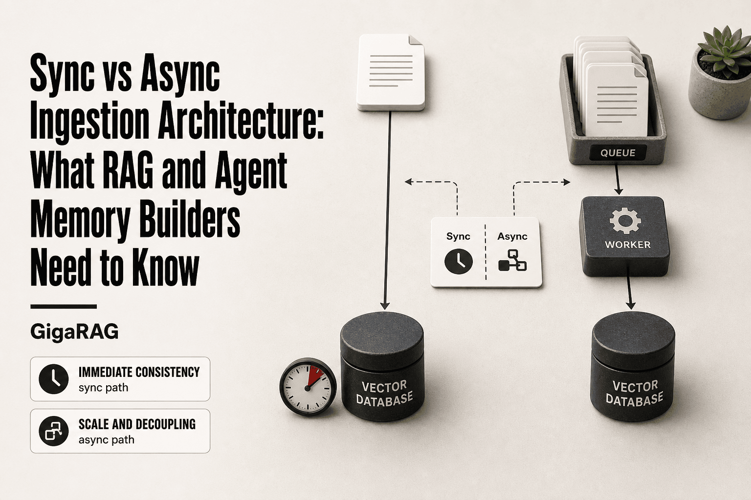 Editorial workbench comparing sync and async ingestion paths with document cards, a queue tray, worker module, and vector database cylinder for GigaRAG RAG pipeline architecture.