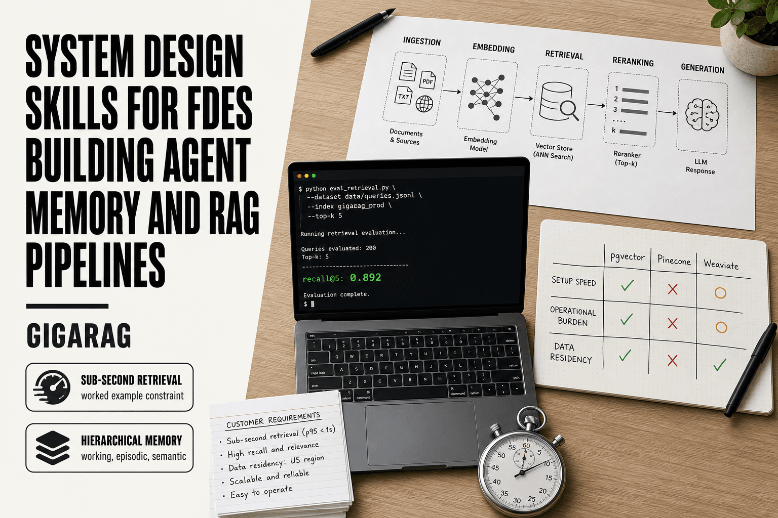 Workbench scene with a printed RAG pipeline diagram, a laptop showing a recall evaluation script, and a handwritten vector database comparison sheet for FDE system design.