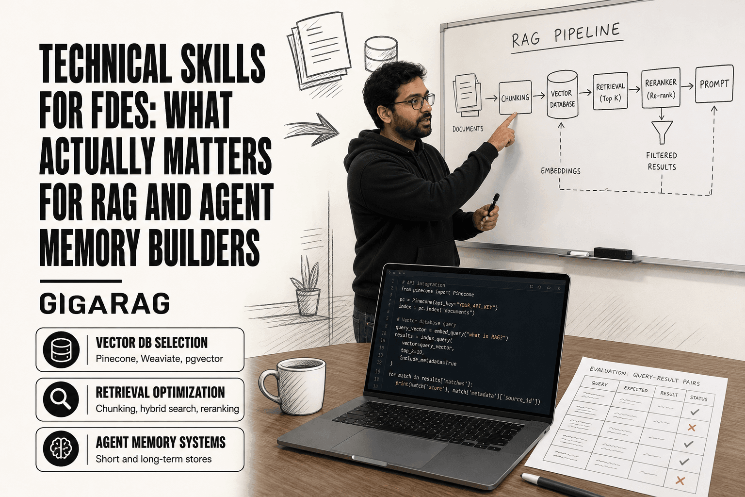 A forward deployed engineer at a whiteboard diagrams a RAG pipeline with chunking, vector database, and reranking stages while a laptop shows API integration code, illustrating the technical skills that matter for GigaRAG's RAG and agent memory builders.