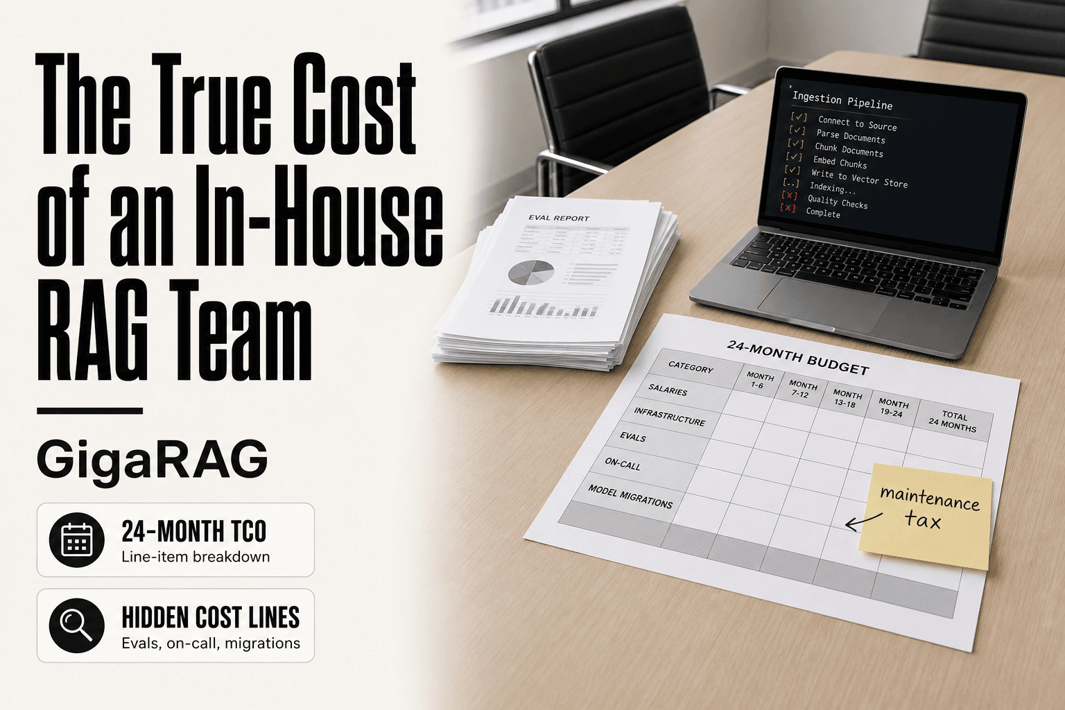 Printed 24-month budget spreadsheet on a conference table with line items for salaries, infrastructure, evals, on-call, and model migrations beside a laptop showing pipeline status, illustrating the true cost of an in-house RAG team for GigaRAG.