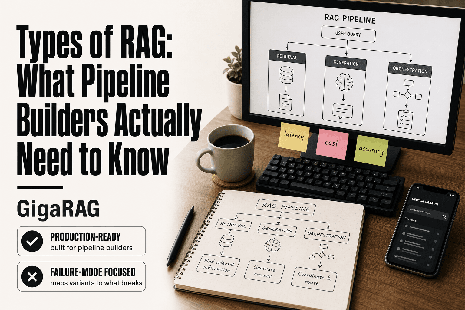 GigaRAG editorial hero image showing a developer desk with a monitor displaying a RAG pipeline diagram divided into retrieval, generation, and orchestration branches, alongside handwritten notes on latency, cost, and accuracy.