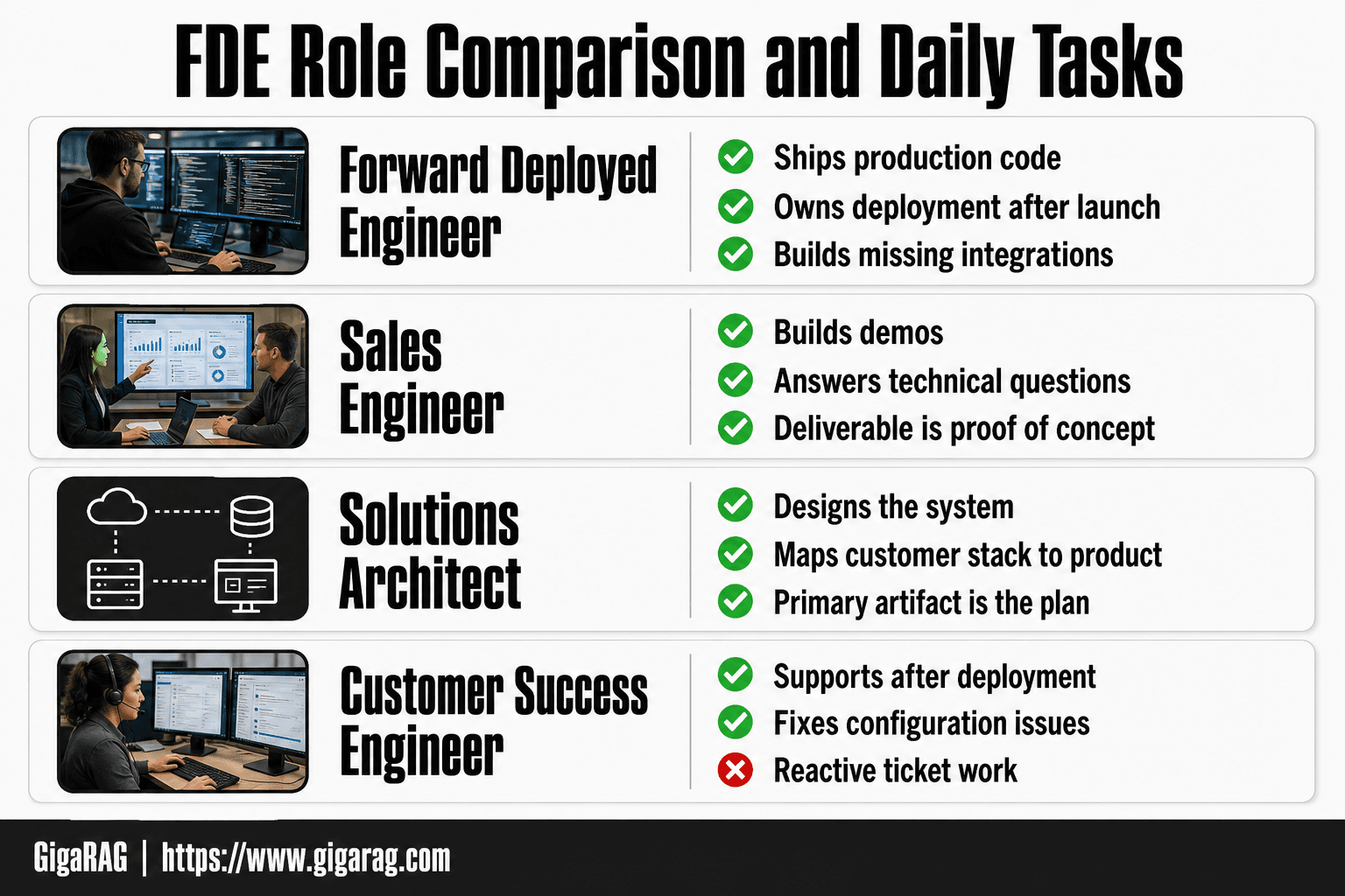 Card grid comparing forward deployed engineer, sales engineer, solutions architect, and customer success engineer roles with their primary deliverables and focus areas.