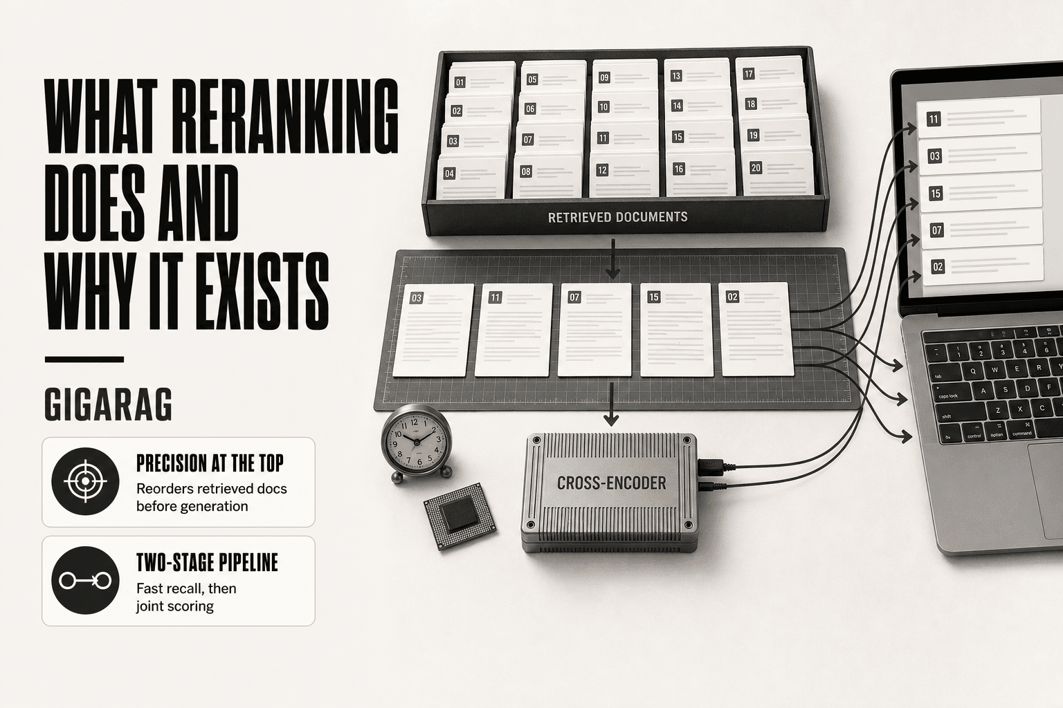 Overhead editorial workbench showing a reranker module reordering five retrieved document cards before they enter a laptop, with a small clock and compute chip marking latency and cost.