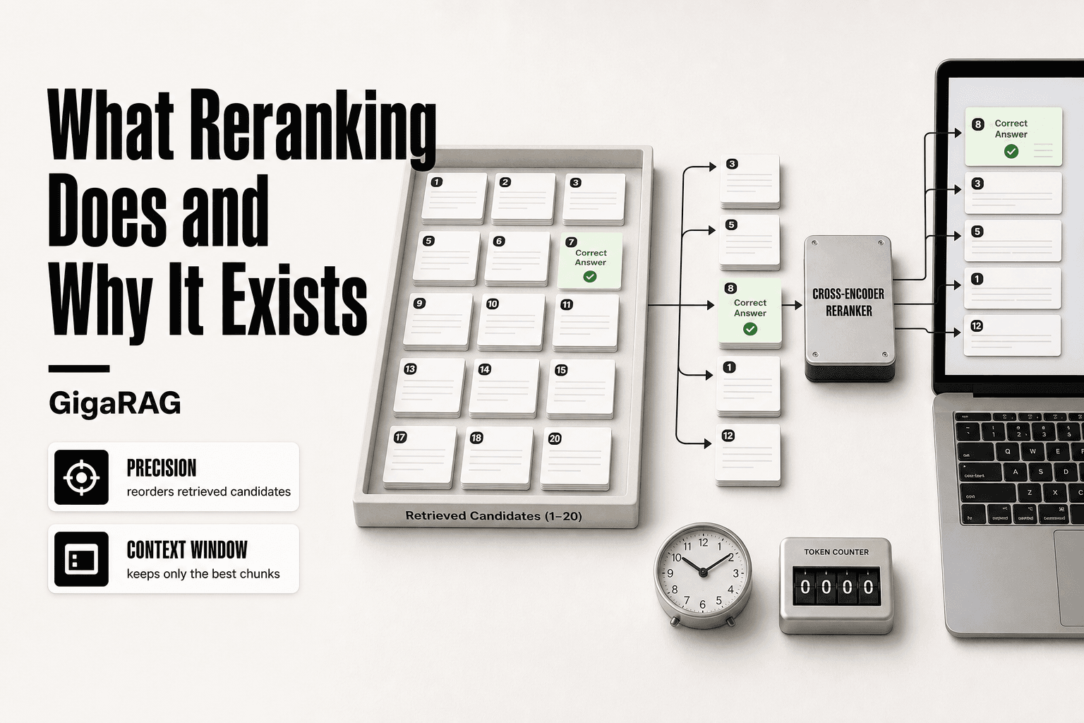 Editorial workbench showing a retrieval tray with twenty document cards, a cross-encoder module, and reorder arrows moving a correct answer card from position eight into the top five before it enters a laptop, illustrating reranking in a RAG pipeline for GigaRAG.