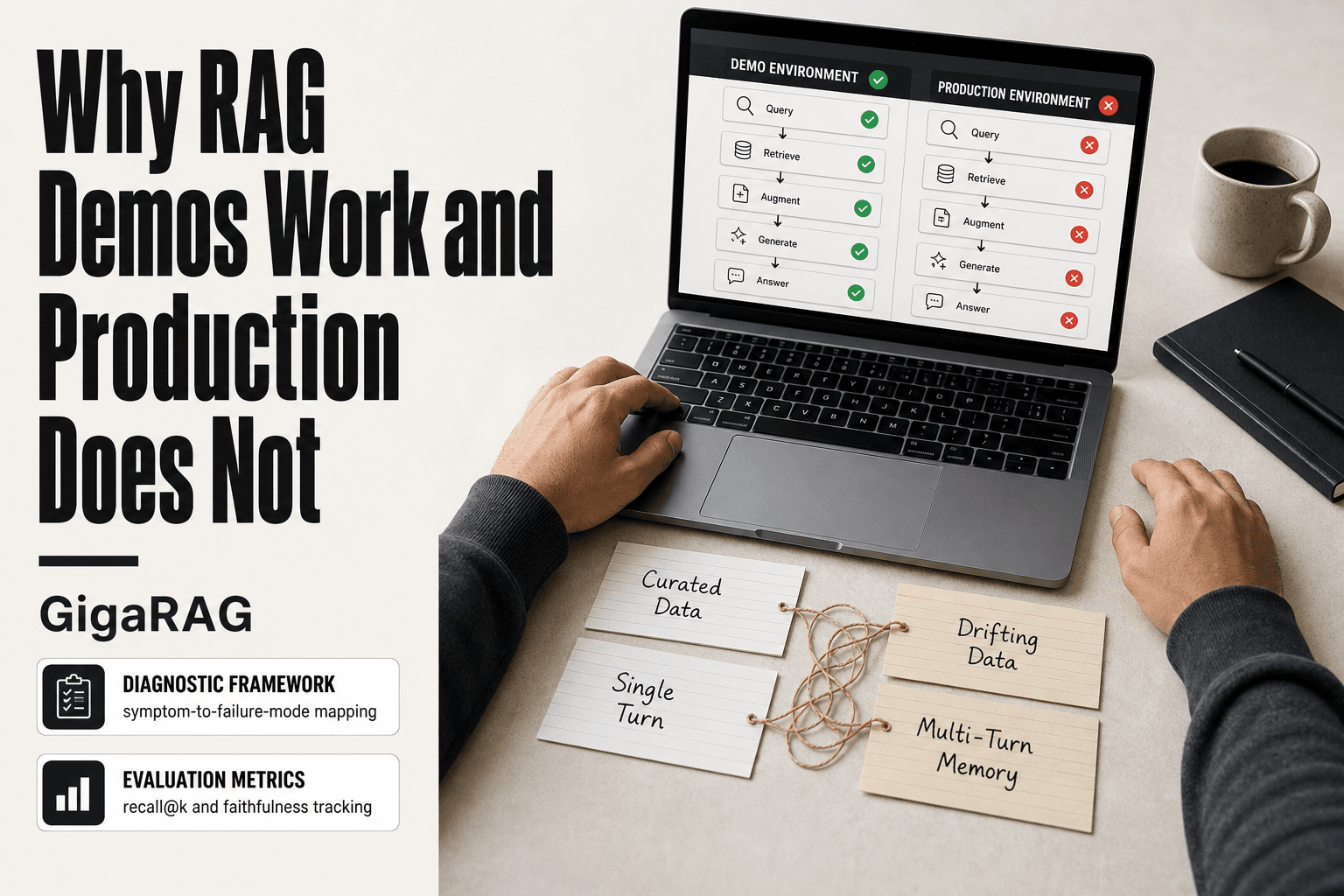 GigaRAG hero image showing a developer's hands beside a laptop displaying a RAG pipeline dashboard split between demo and production, with index cards labeled Curated Data, Drifting Data, Single Turn, and Multi-Turn Memory on the desk.